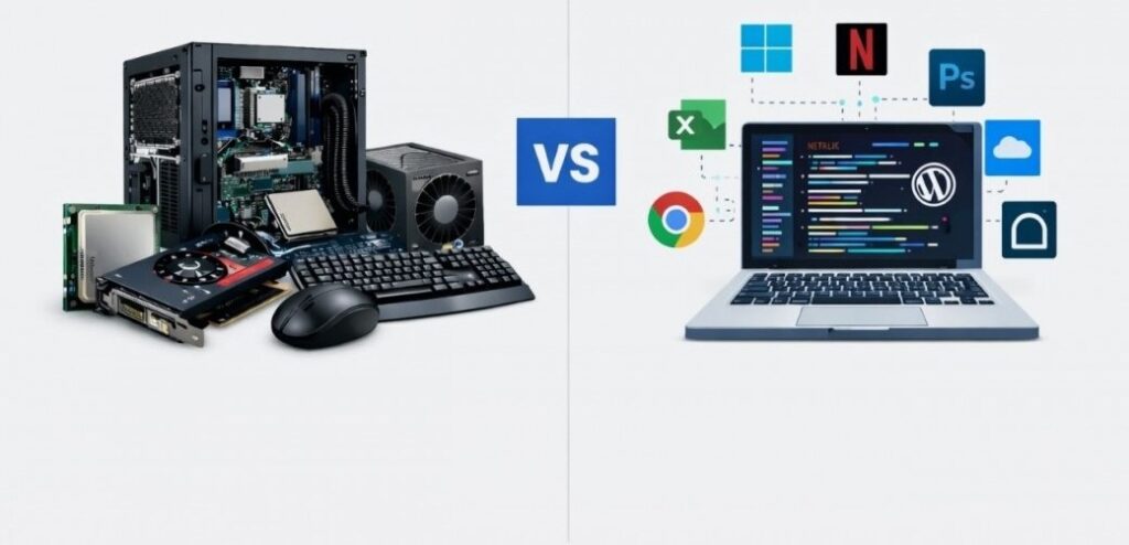 Infographic comparing computer hardware (CPU, keyboard, monitor) and software (operating system, applications).